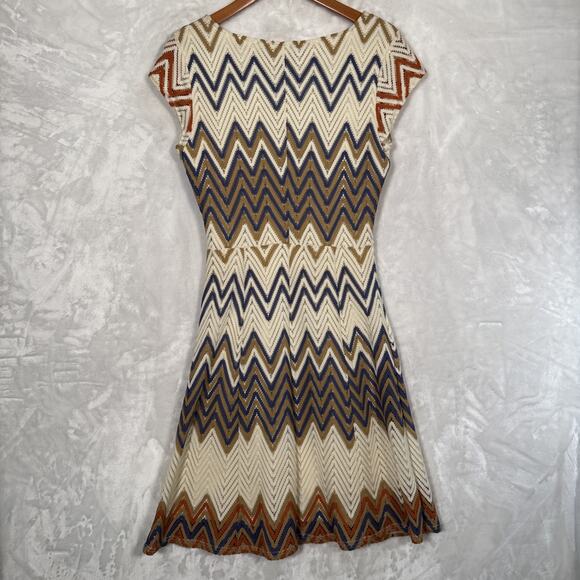 Sharagano Chevron Crochet Stitch Dress 6 Cap Sleeves Retro Boho 70's Earthy - Picture 10 of 11